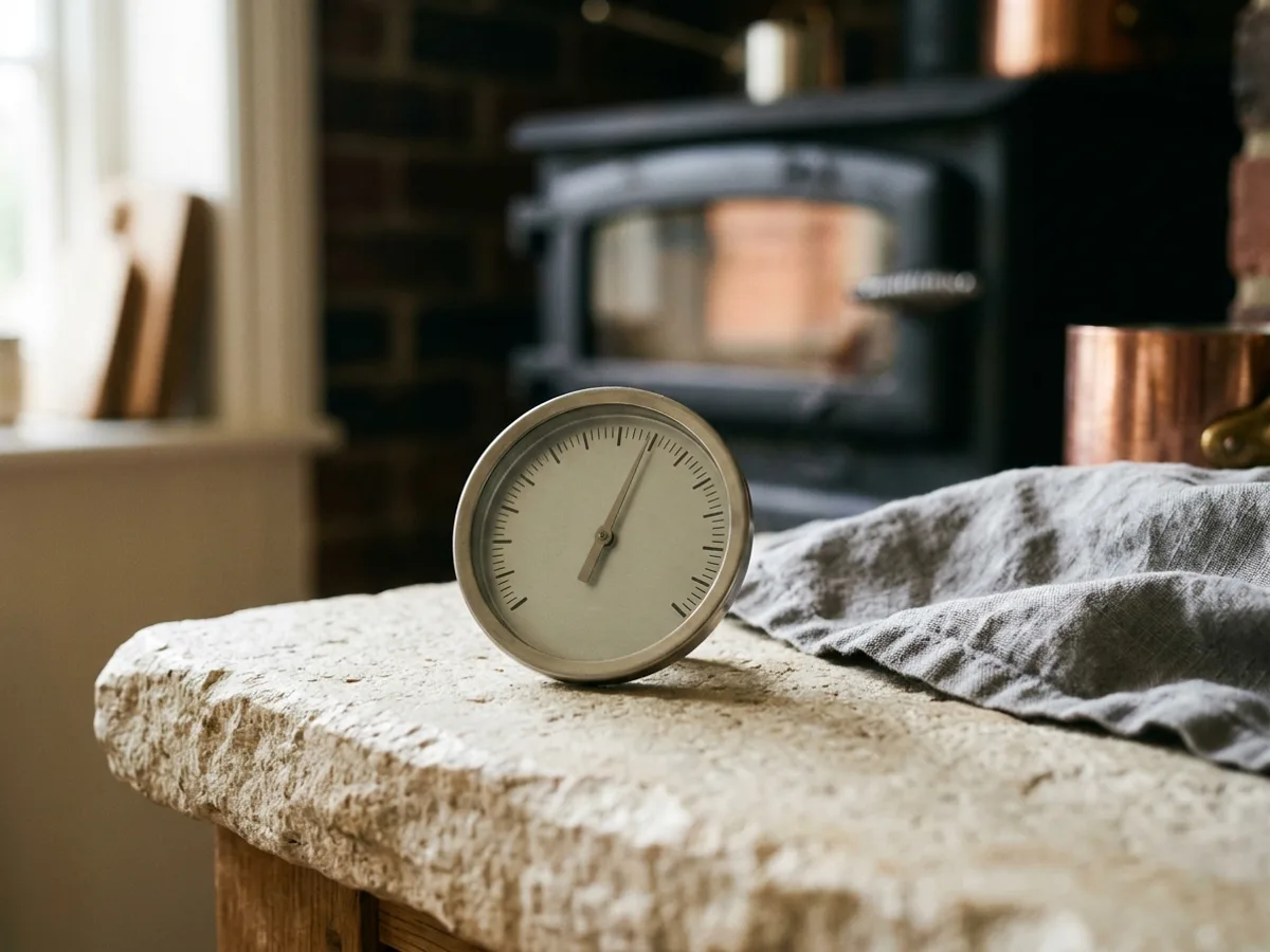 Un thermomètre à cadran rond, sans aucun chiffre inscrit, posé devant un poêle