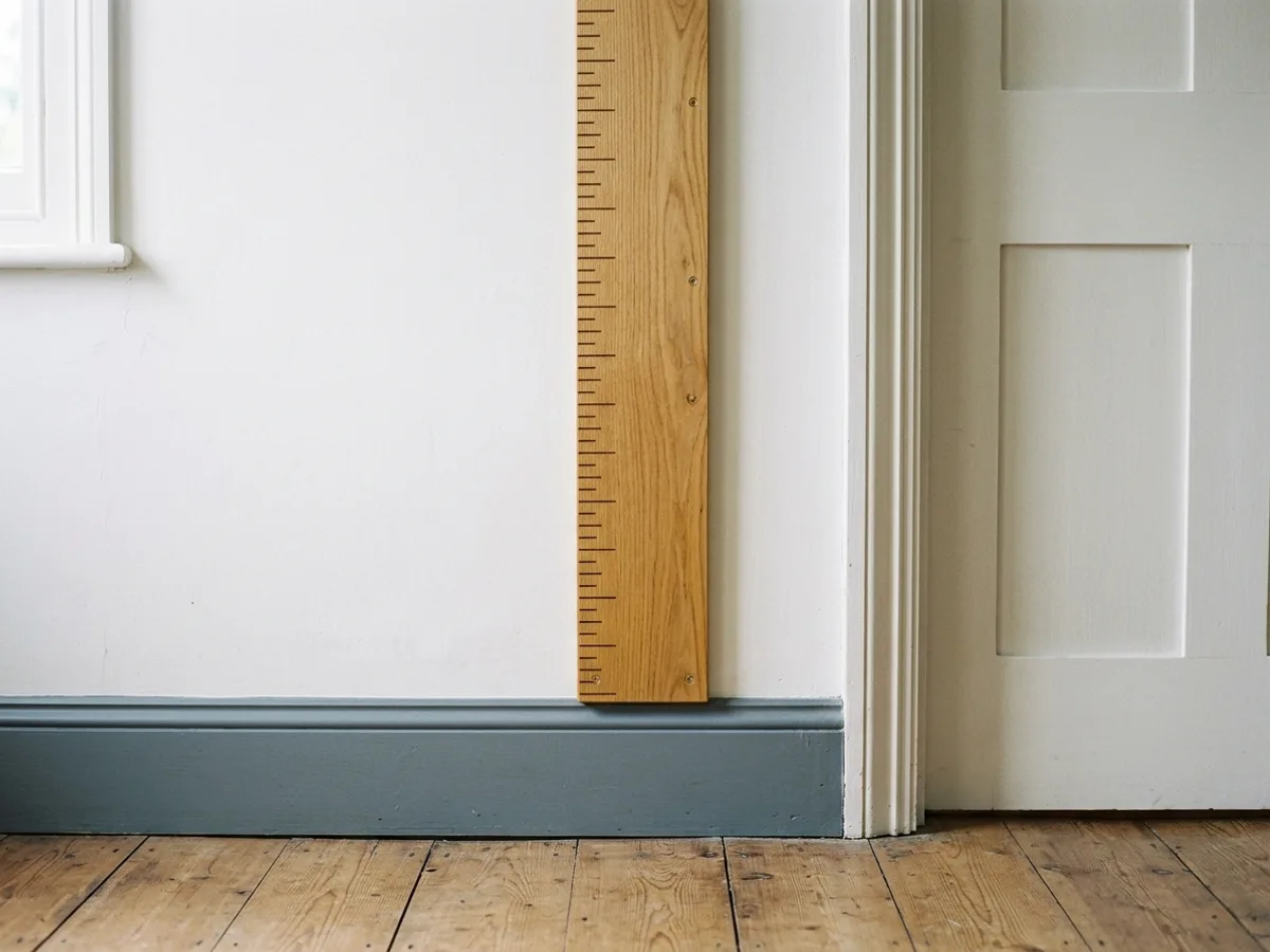 Une toise en bois fixée au mur le long d’un encadrement de porte, graduée sans chiffres