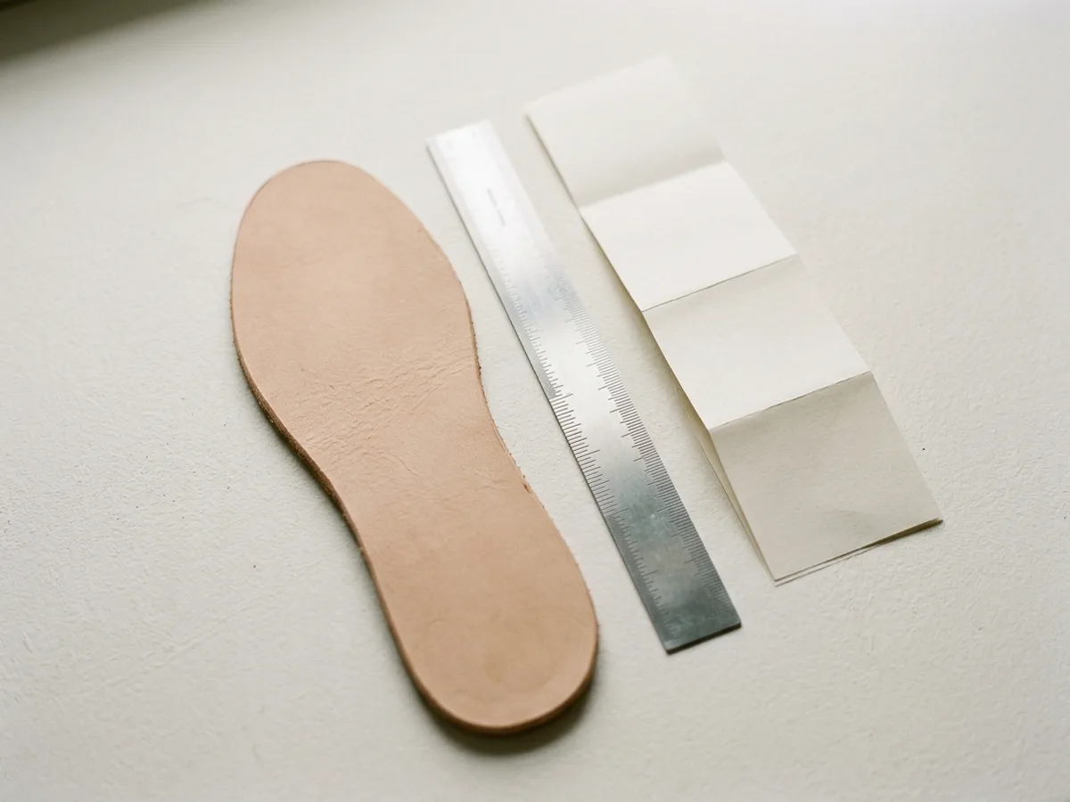 Une semelle intérieure en cuir, un réglet en acier et une bande de papier pliée, vus du dessus