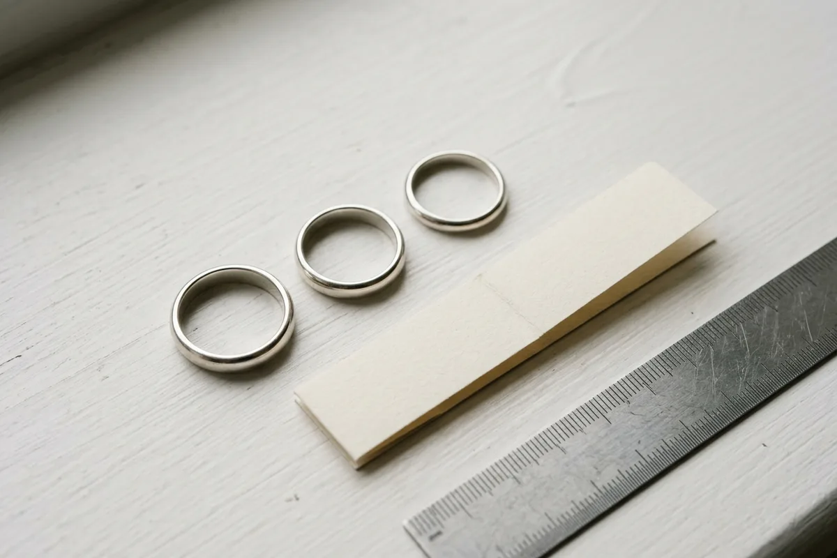Trois anneaux de métal unis de tailles différentes, une bande de papier pliée et un réglet en acier