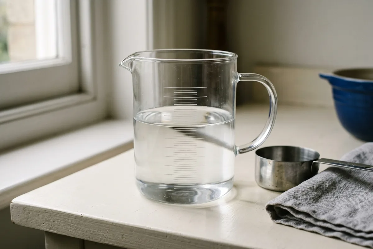 Un verre doseur en verre à moitié rempli d’eau, avec ses graduations gravées et sans chiffres