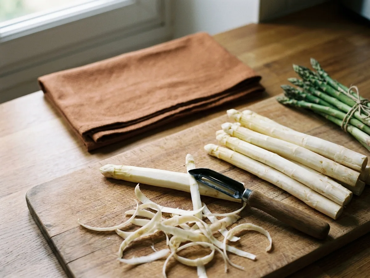 Des asperges blanches crues sur une planche en bois, l’une à demi épluchée sous un économe, des épluchures pâles autour ; une petite botte d’asperges vertes fines à l’écart, intacte