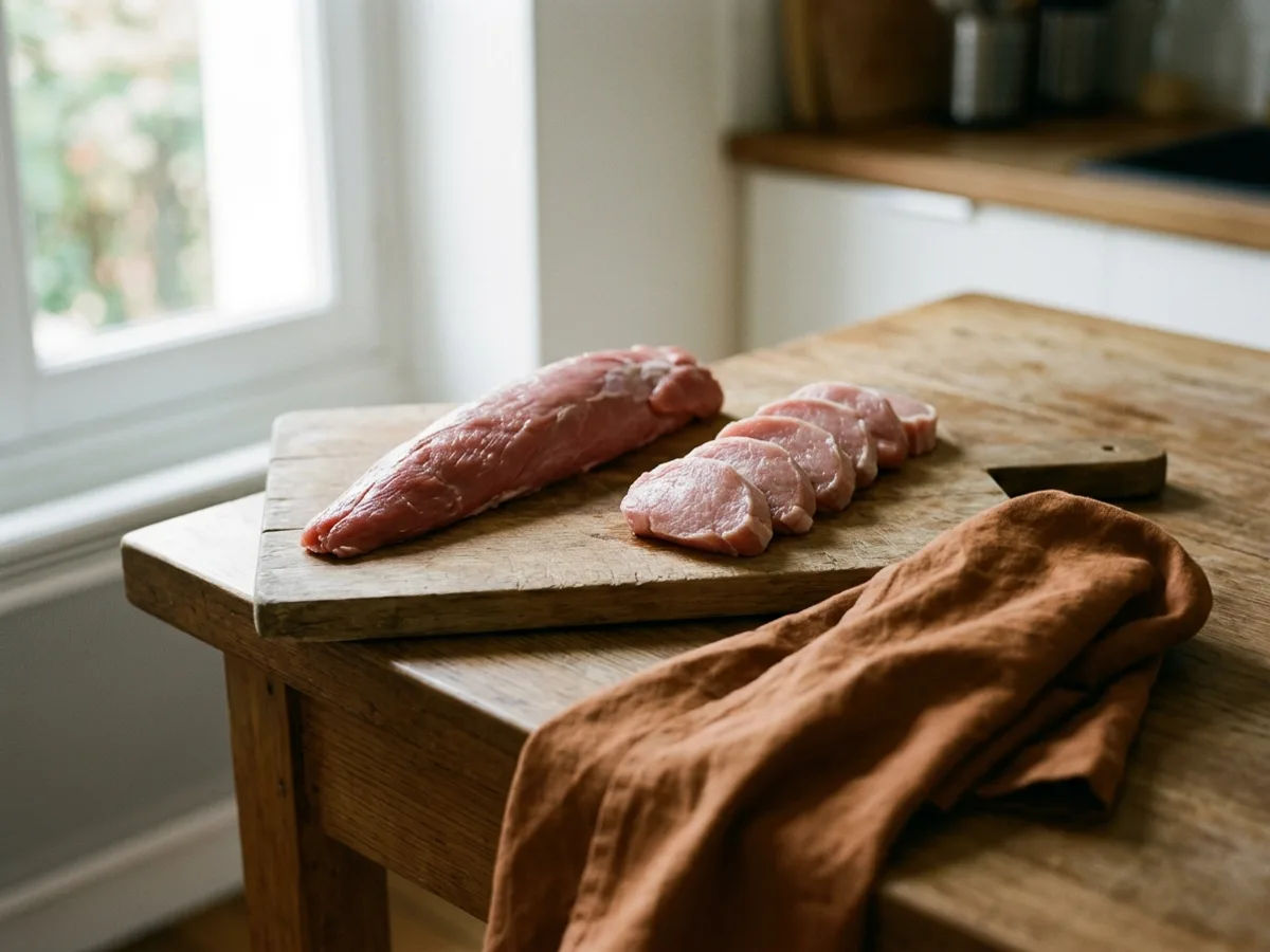 Sur une même planche en bois, à gauche un filet mignon de porc cru entier à la surface intacte, à droite une rangée de médaillons crus du même morceau, posés à plat et légèrement chevauchés ; un linge terracotta plié au bord de la table — les deux pièces crues, sans poêle ni plat de cuisson
