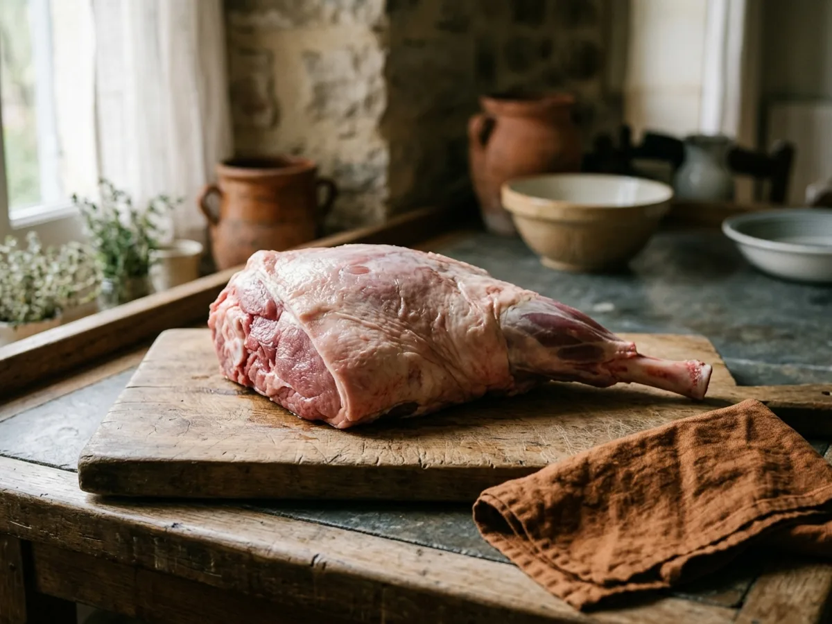 Un gigot d’agneau cru entier, avec l’os apparent à une extrémité, posé sur une planche en bois épaisse ; un linge terracotta plié à droite et, au fond et flous, des pots et des bols de terre vides — ni plat de cuisson, ni four, ni thermomètre, ni balance