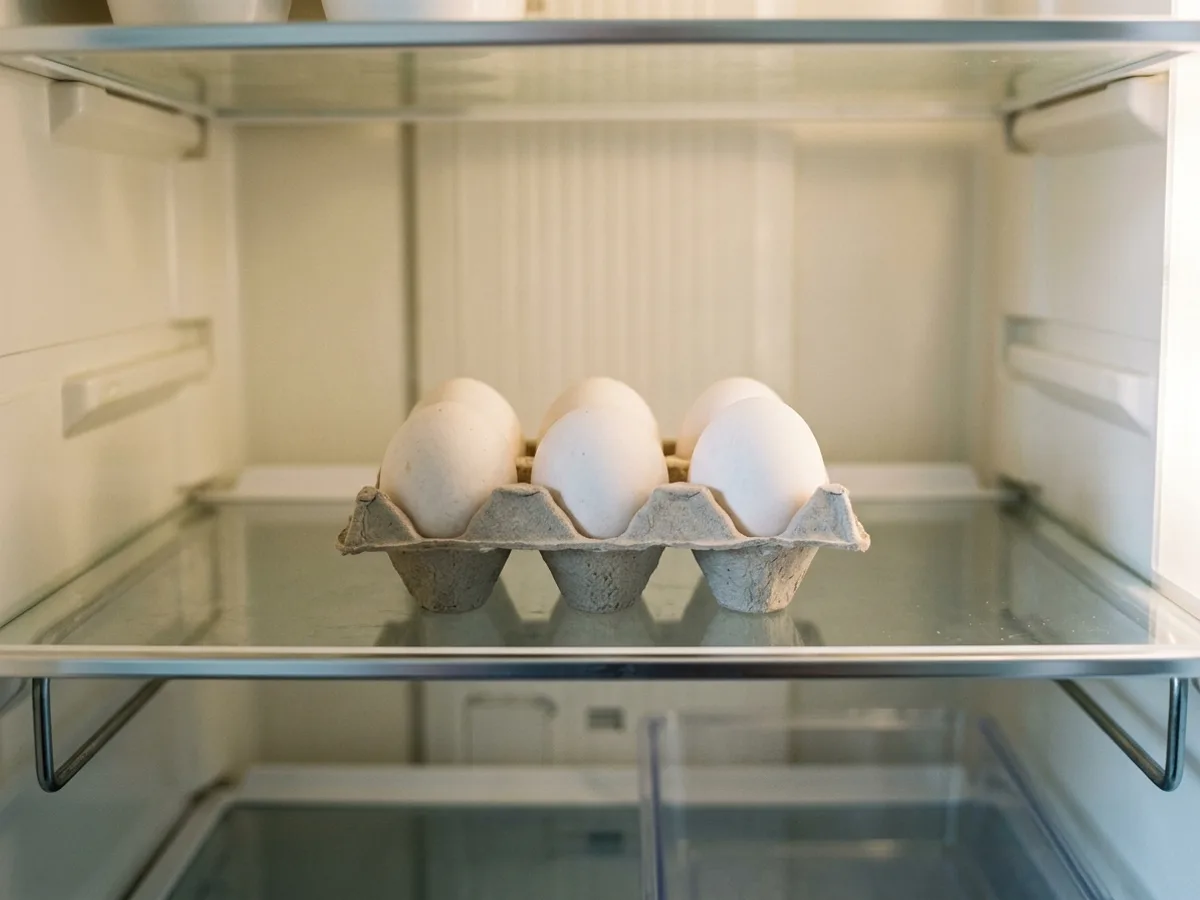 Six œufs entiers dans une boîte en pulpe non imprimée, ouverte, posée sur une clayette en verre à l’intérieur du réfrigérateur ; les coquilles sont sèches et mates