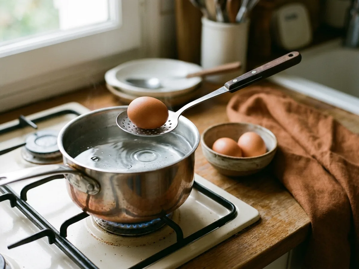 Une casserole d’eau frémissante à petites bulles, une écumoire tenant un œuf entier juste au-dessus de la surface, deux autres œufs entiers posés à côté