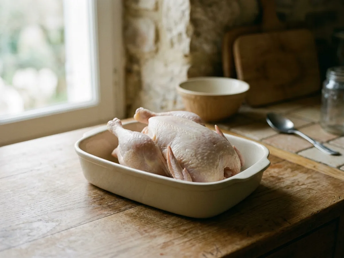 Un poulet entier cru, pâle, posé poitrine vers le haut dans un plat à four vide