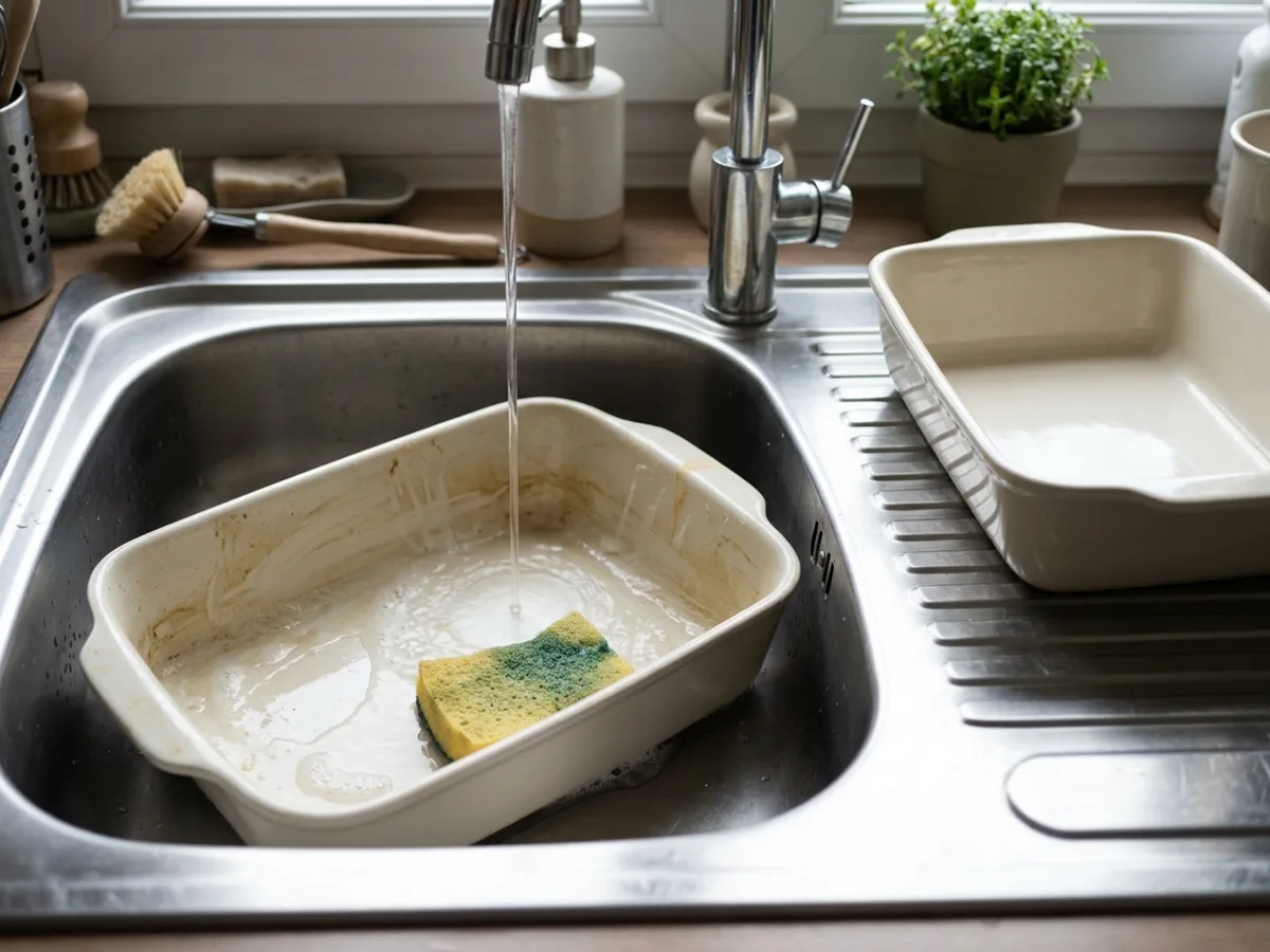 Un plat à four en céramique, sali et strié de traces, dans l’évier sous un filet d’eau avec une éponge ; un second plat identique, propre et sec, attend sur l’égouttoir