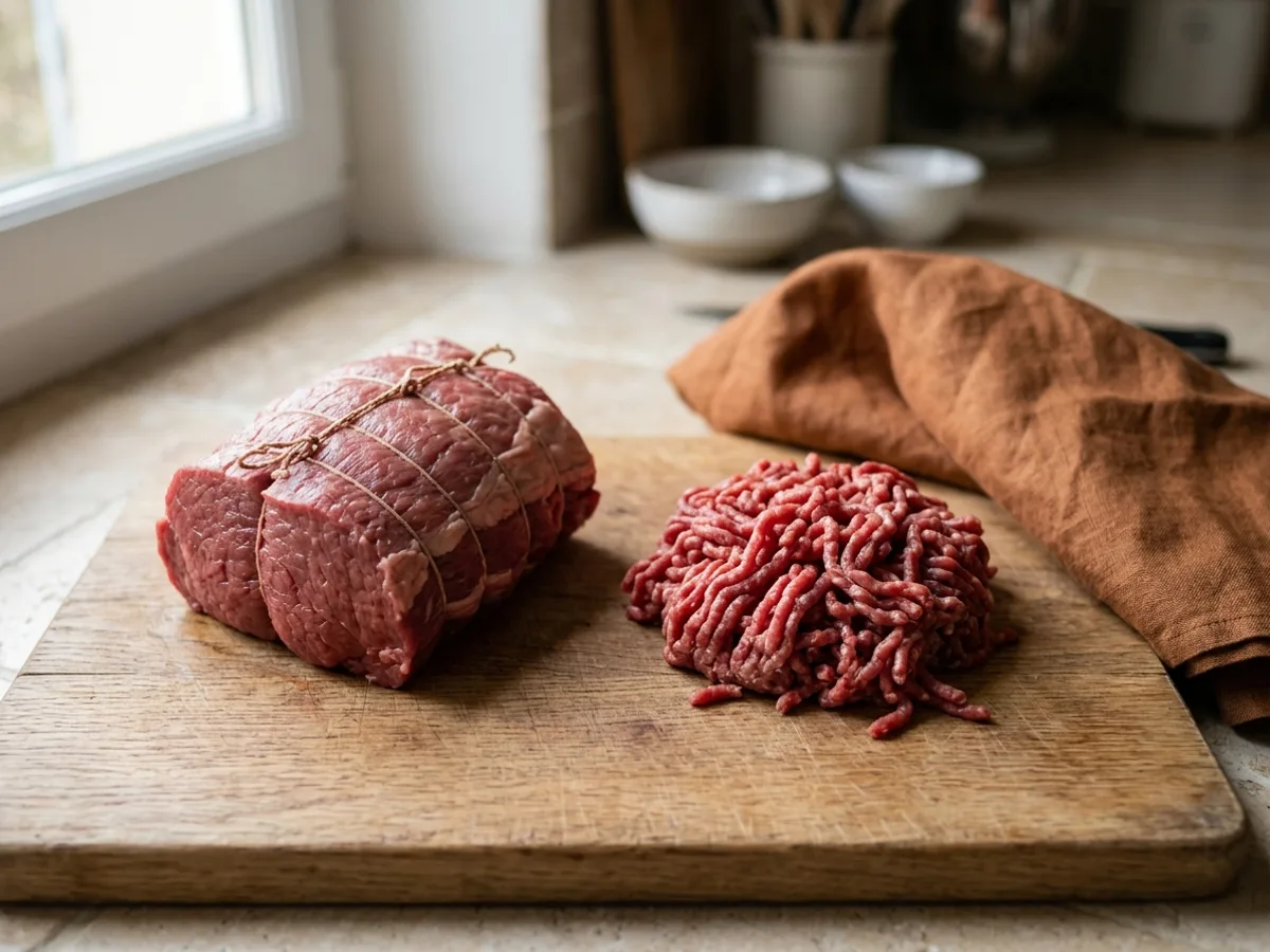 Sur une même planche en bois, un rôti de bœuf cru entier et bardé de ficelle à gauche, et un tas de bœuf haché cru à droite — les deux crus
