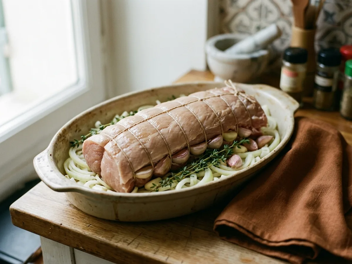 Un rôti de porc cru, ficelé, dans un plat à four à sa taille, sur un lit d’oignons émincés, avec des gousses d’ail entières et du thym frais
