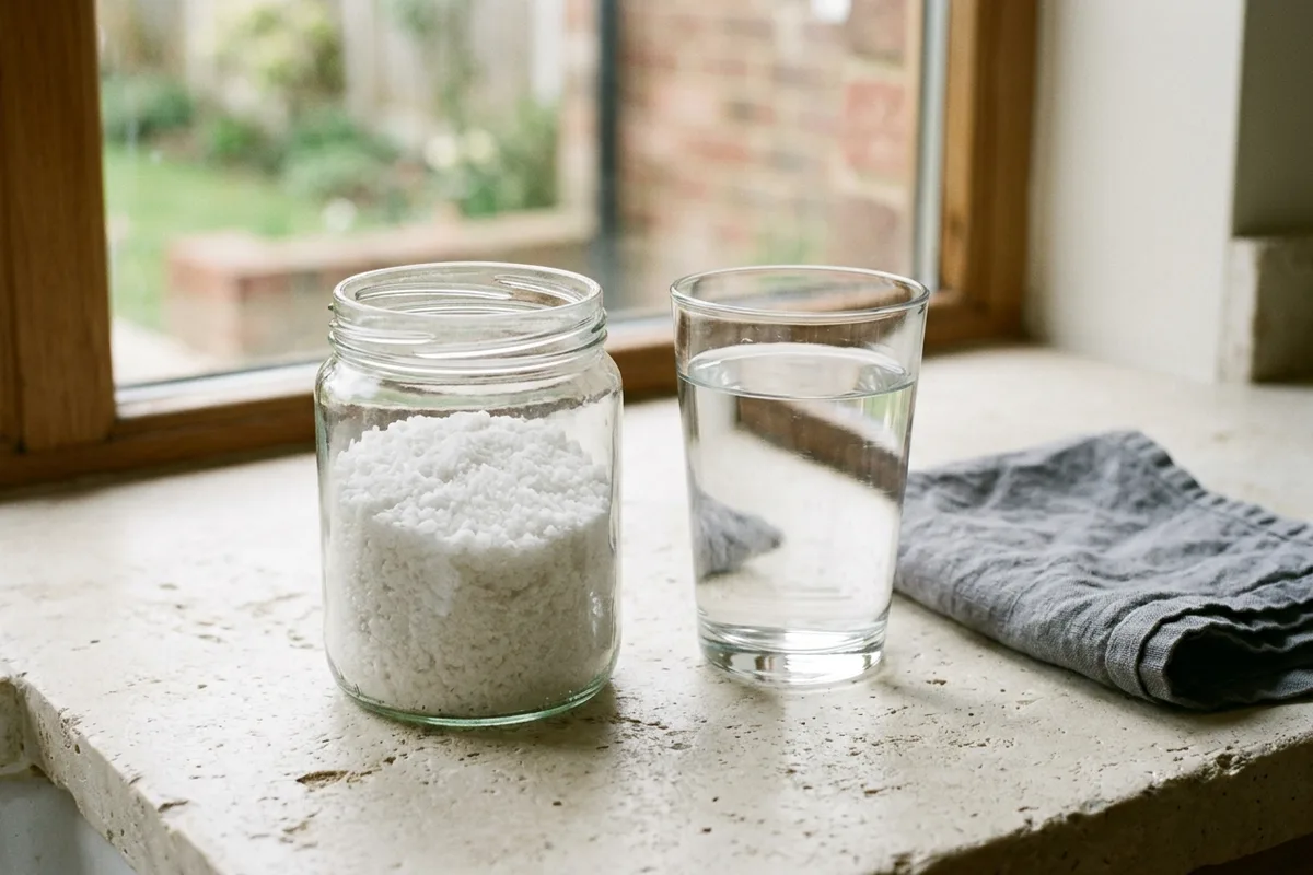 Un bocal de verre sans étiquette contenant une poudre blanche cristalline, à côté d’un verre d’eau