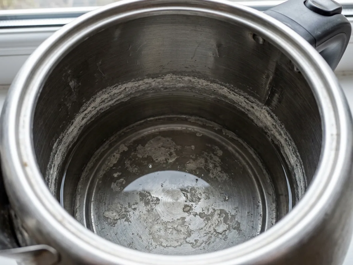 L’intérieur d’une bouilloire en inox, avec un anneau de tartre au niveau de l’eau et du dépôt sur le fond