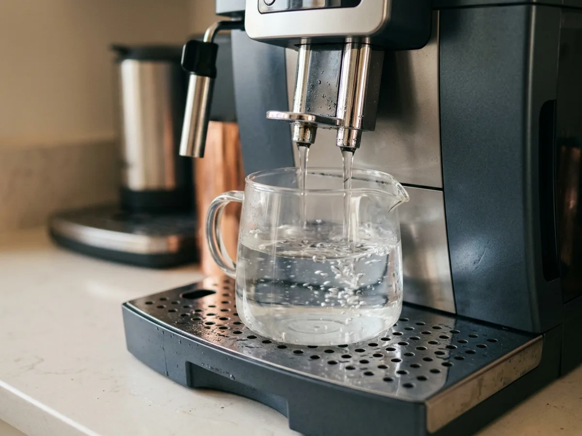 Un expresso broyeur vu de face, ses deux buses au-dessus d’un large récipient en verre — l’une des deux familles de machines que cette page couvre