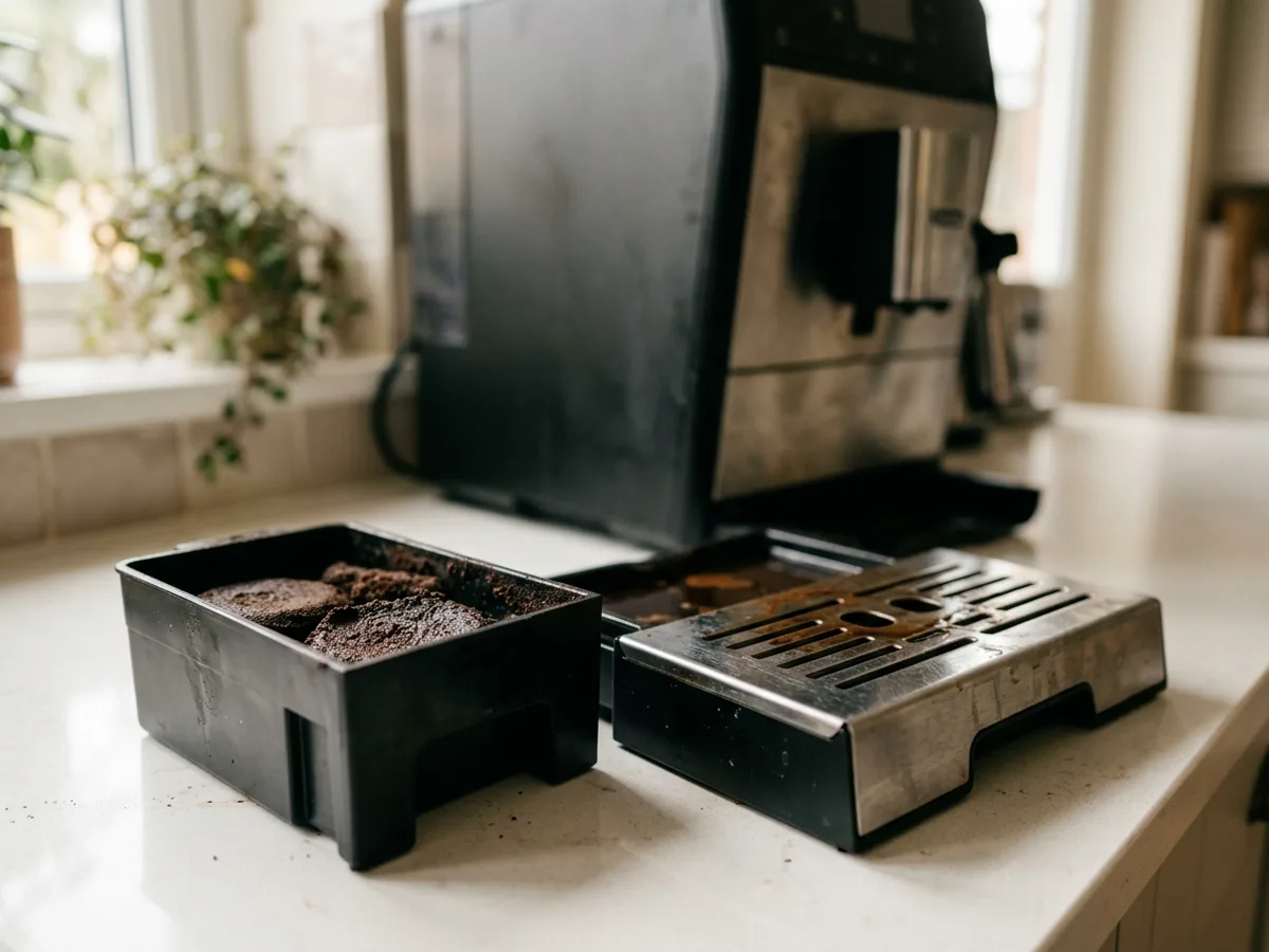 Le bac d’égouttage et le bac à marc d’un expresso broyeur, sortis et posés devant la machine