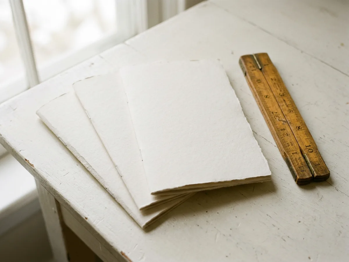 Trois livrets d’instructions fermés, aux couvertures vierges, posés à côté d’un mètre pliant