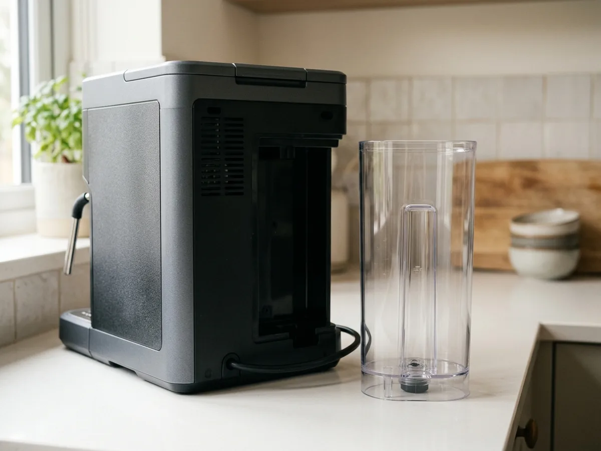 Le réservoir d’eau d’un expresso broyeur, sorti et posé à côté de la machine vue de dos