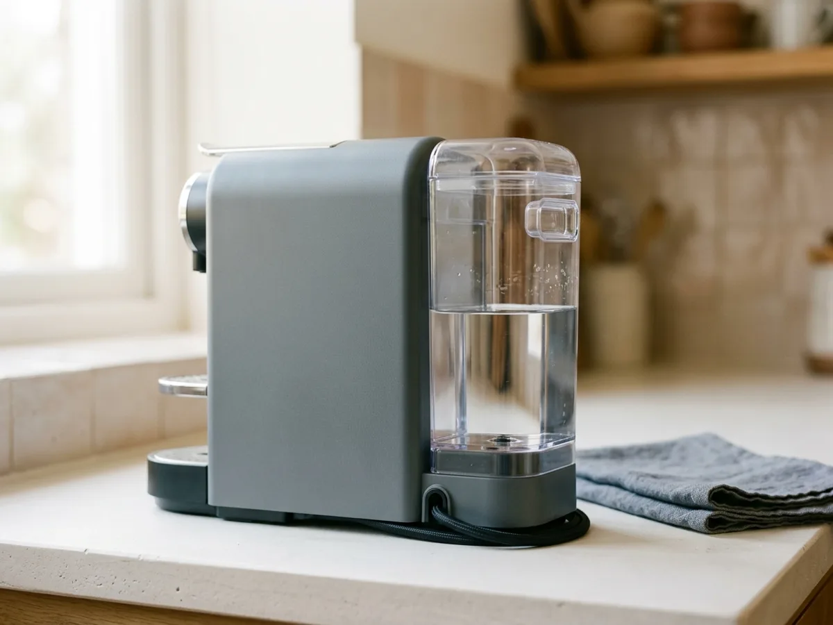 Une machine à capsules avec son réservoir d’eau transparent fixé sur le côté, vue de trois quarts arrière