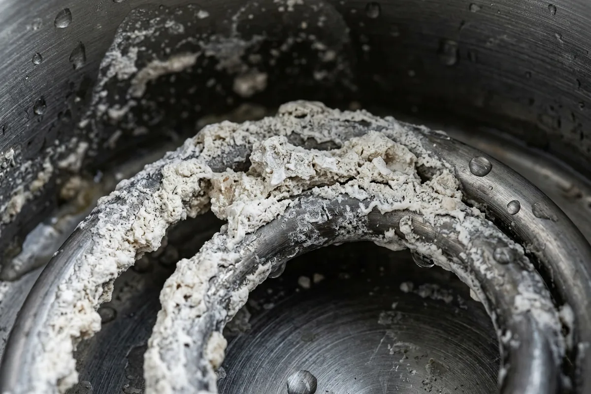 Du tartre blanc épais incrusté sur la résistance en spirale d’une bouilloire