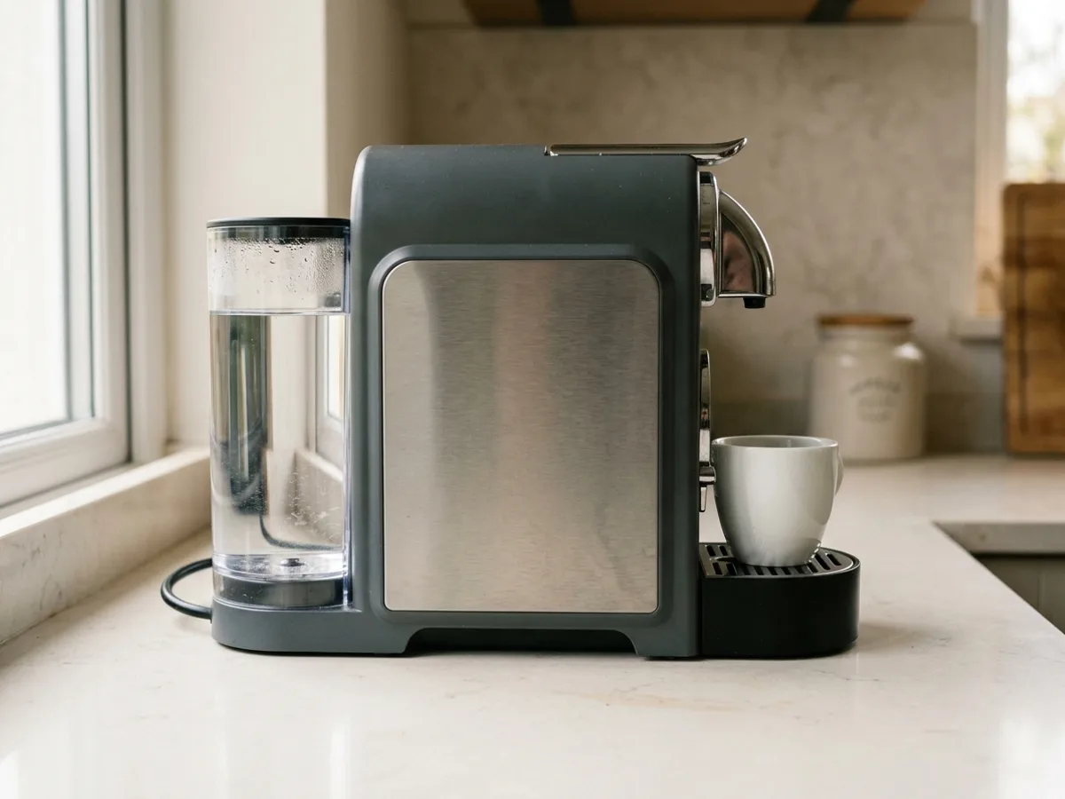 Une machine à capsules vue de profil, son réservoir d’eau rempli à l’arrière et une tasse blanche sur la grille