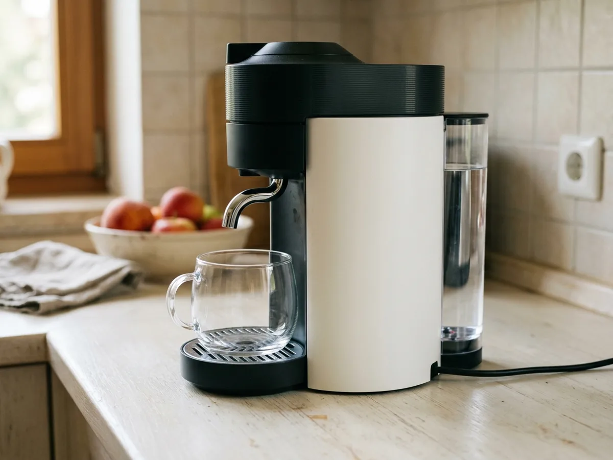 Une machine à capsules haute, vue de côté, avec son réservoir d’eau et une tasse en verre sous la buse