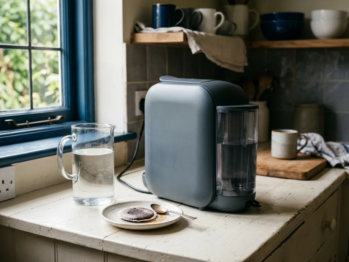 Une machine à dosettes vue de trois quarts arrière, avec une dosette usagée et une carafe d’eau à côté