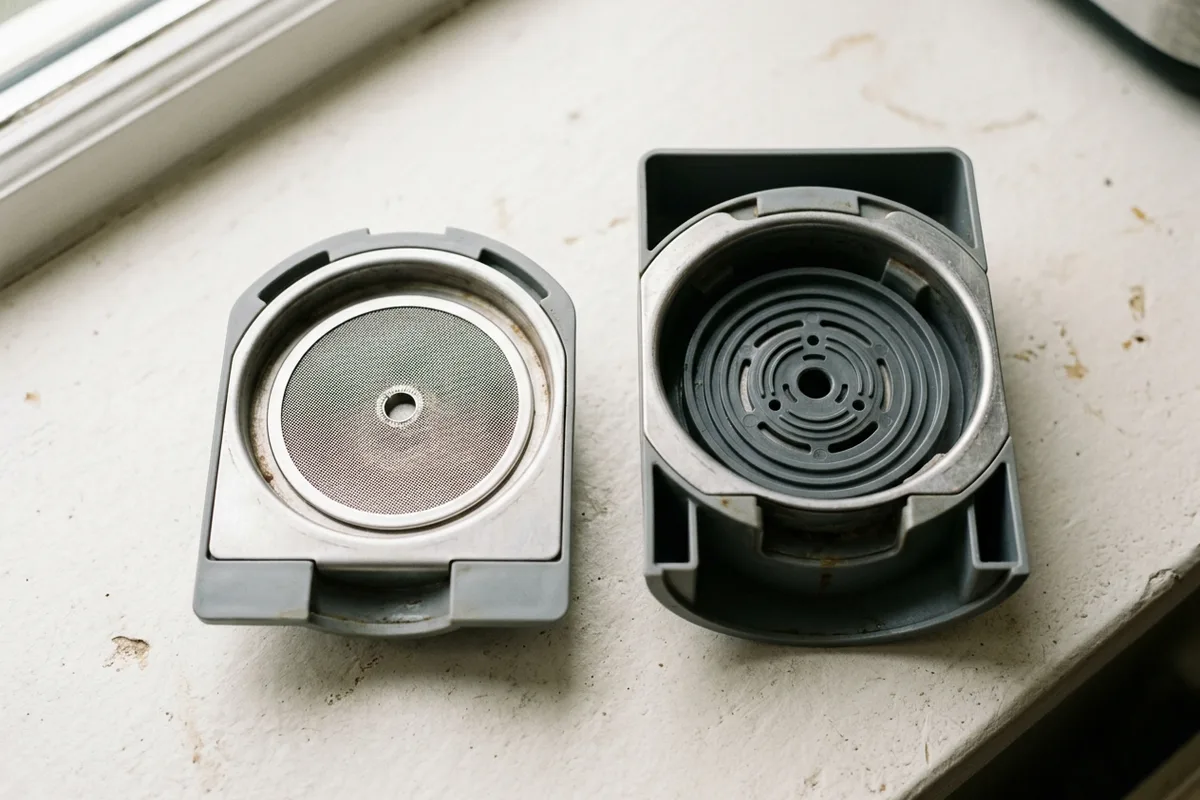 Les deux porte-dosettes côte à côte : le tamis plat et l’insert moulé