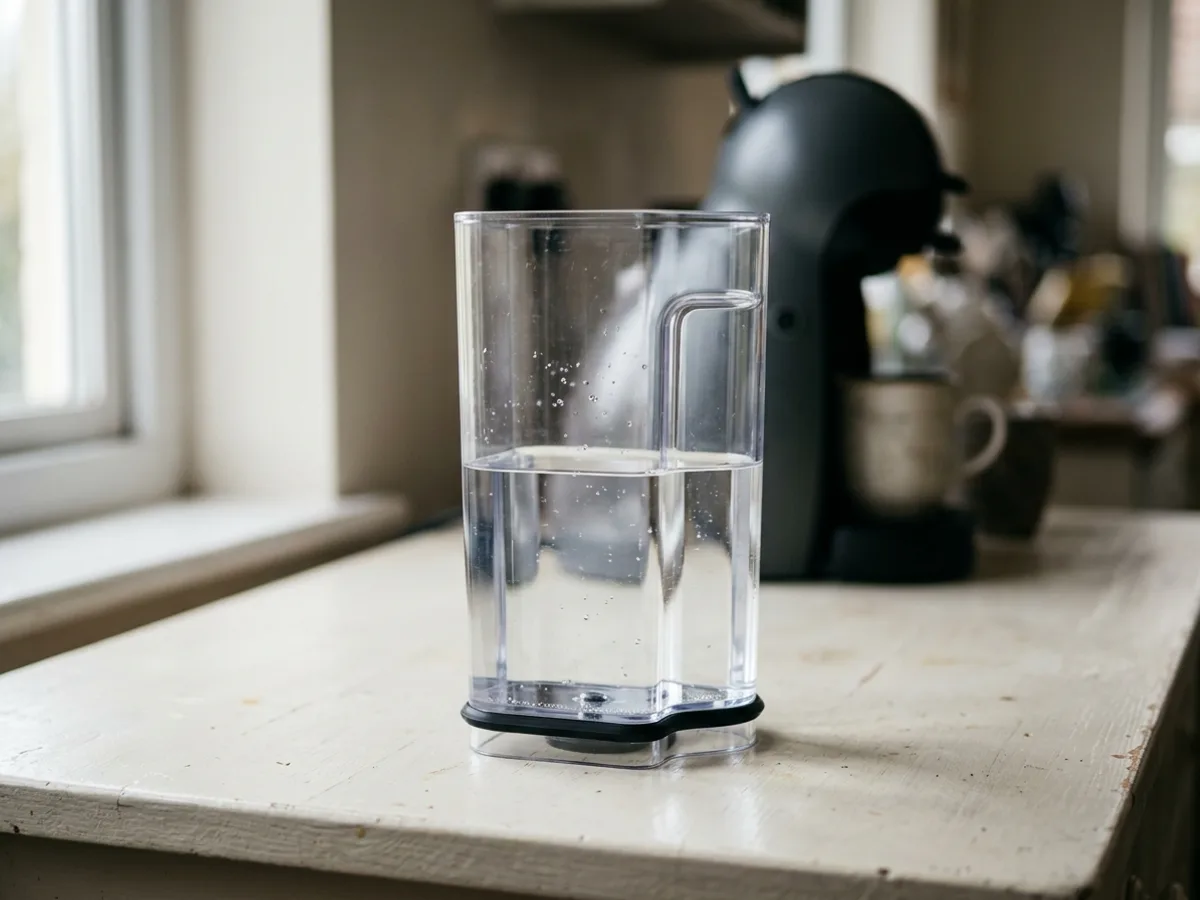 Le réservoir d’eau transparent d’une machine à dosettes, détaché et posé sur un plan de travail