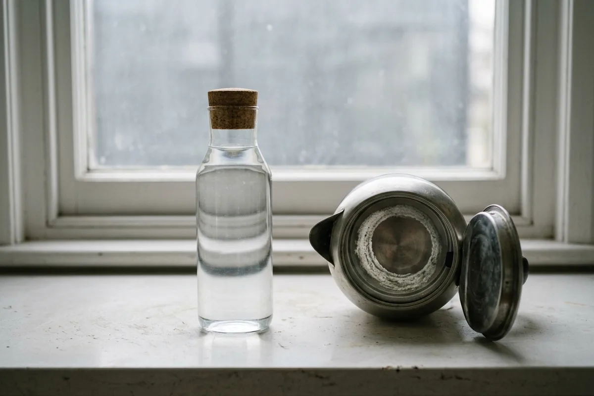 Une bouteille en verre bouchée, remplie d’un liquide parfaitement incolore, à côté d’une bouilloire ouverte marquée d’un anneau de tartre intérieur