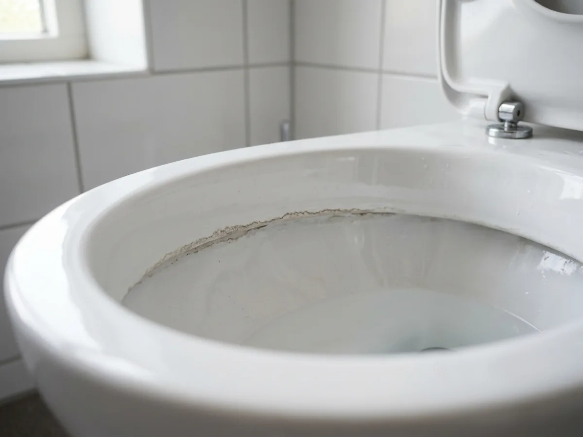 L’intérieur d’une cuvette de WC en céramique blanche, avec un cerne brun-gris au niveau de l’eau