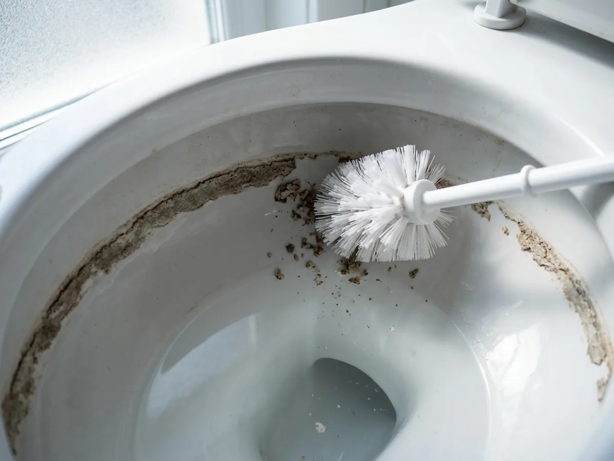 La brosse appuyée contre l’anneau de tartre, des fragments détachés au fond