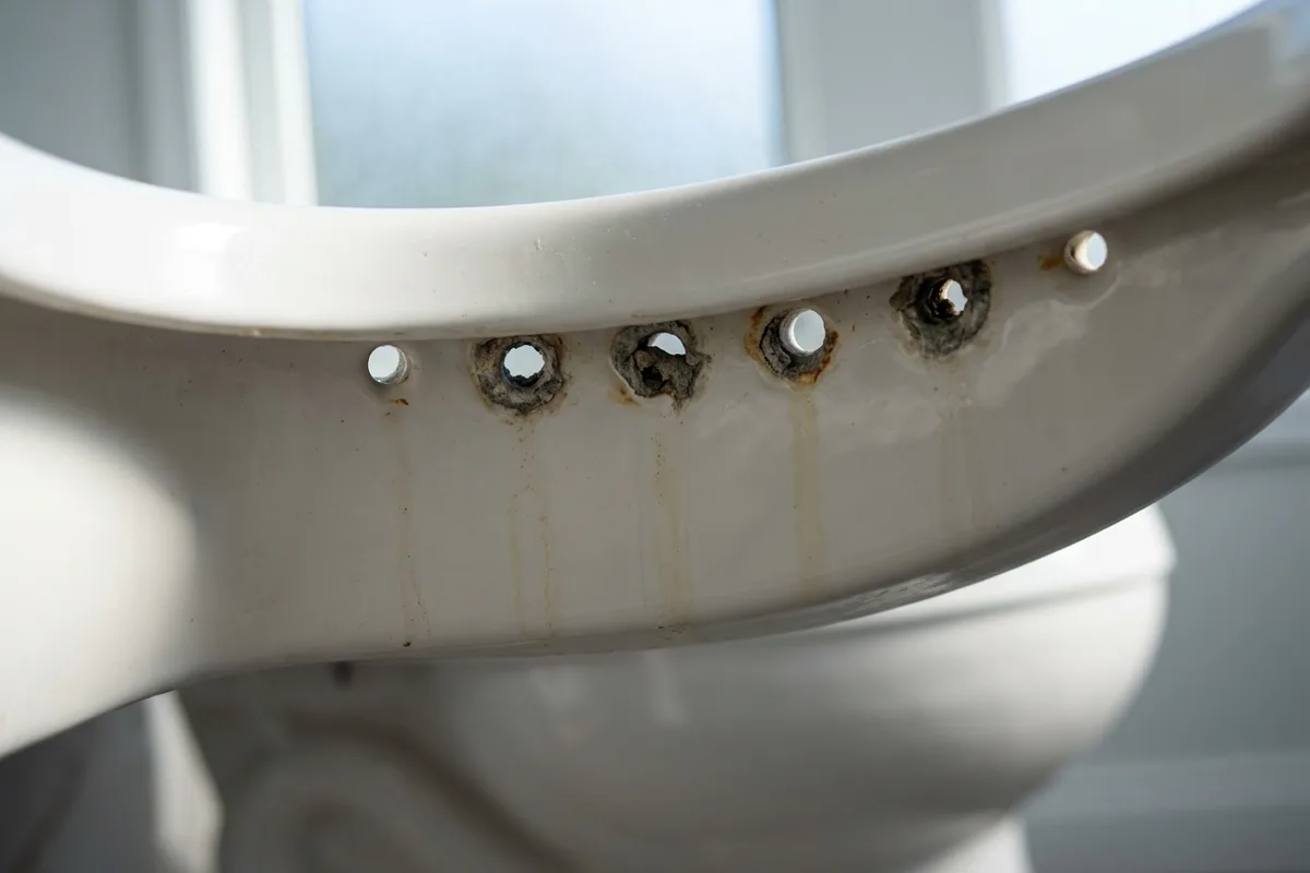 Le dessous du rebord et ses jets de rinçage obstrués