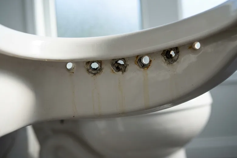 Le dessous du rebord d’une cuvette de WC, les jets de rinçage obstrués par des dépôts