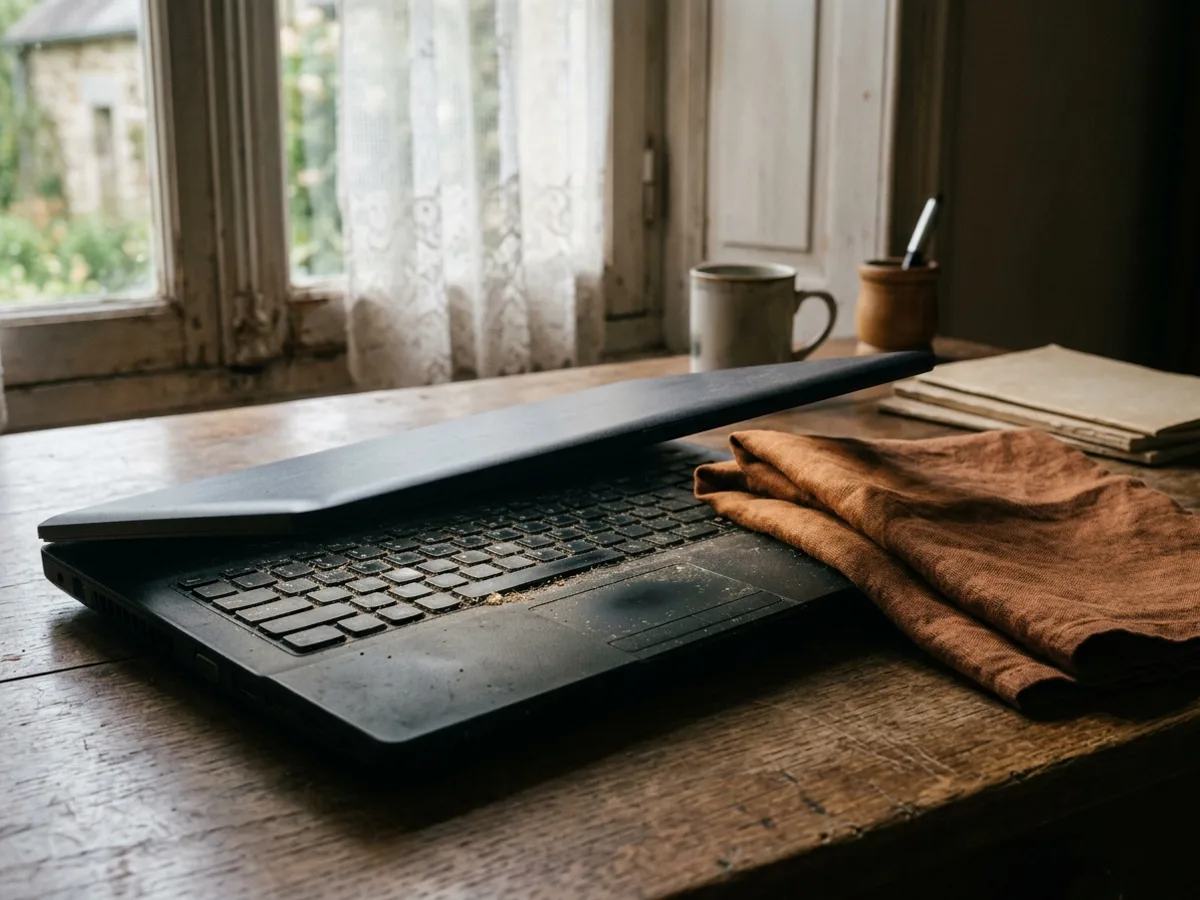 Un ordinateur portable entrouvert sur une table en bois montre un clavier parsemé de miettes et de poussière, un torchon roux posé à côté, devant une fenêtre à rideau de dentelle