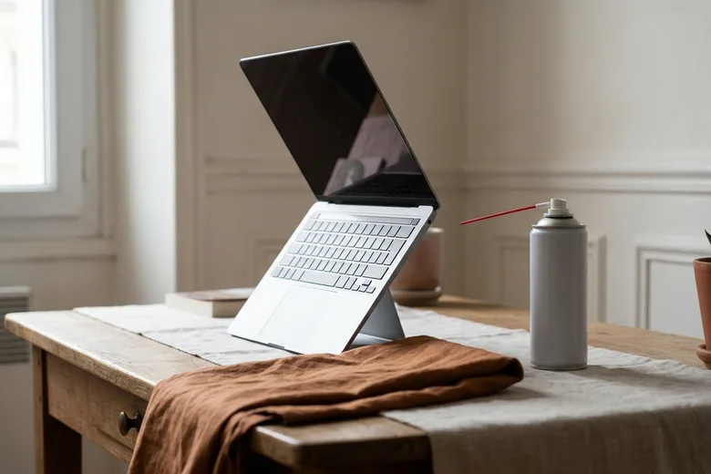 Un ordinateur portable ouvert et incliné sur un support repose sur une table recouverte de lin, à côté d’une bombe d’air comprimé avec sa paille rouge et un tissu roux