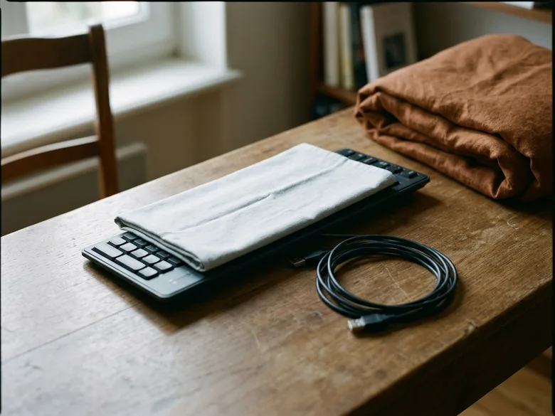 Un chiffon clair est posé en partie sur un clavier d’ordinateur compact, à côté d’un câble USB enroulé et d’un tissu roux plié, sur une table en bois