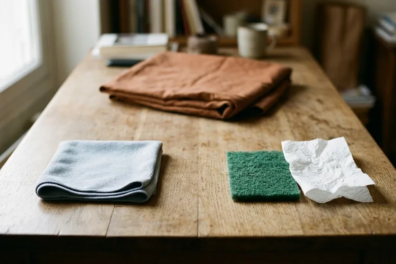 Un tissu terracotta plié, un chiffon microfibre bleu clair, une éponge grattante verte et un mouchoir en papier froissé disposés sur une table en bois