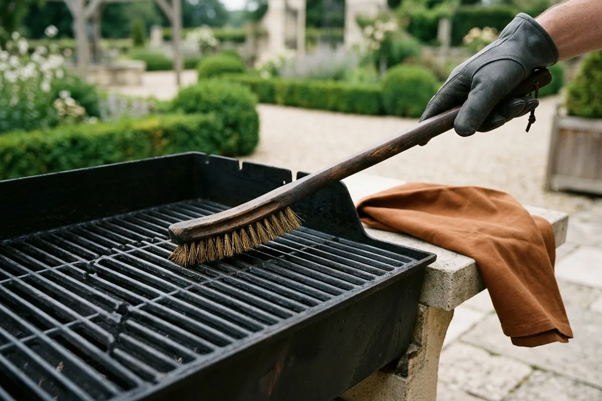 Une main gantée passe une brosse métallique à long manche en bois sur une grille de barbecue rectangulaire noircie, dans un jardin bordé de buis