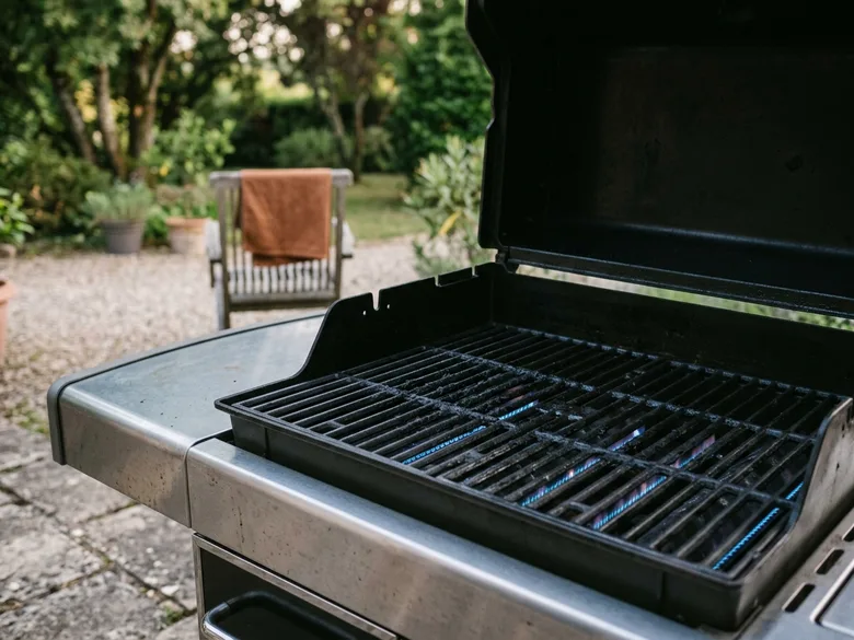 Un barbecue à gaz au couvercle ouvert laisse voir des flammes bleues sous une grille noircie de résidus, sur une terrasse en pierre bordée d’oliviers et de lavande