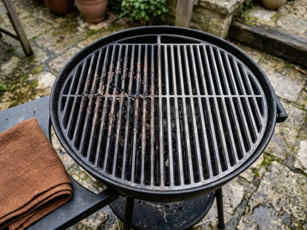 Une grille de barbecue ronde, à moitié couverte de résidus noircis et à moitié plus propre, repose sur son socle en métal sur une terrasse en pierre avec des pots en terre cuite