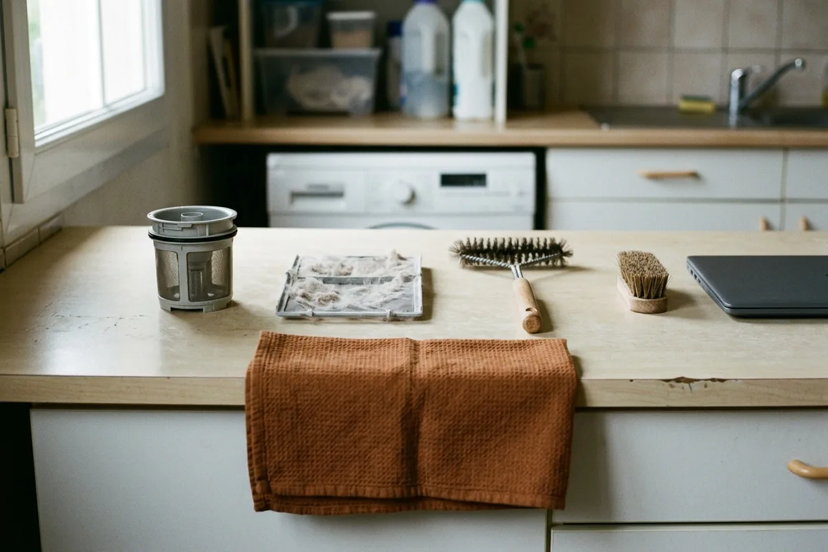 Panier de filtre de lave-vaisselle, bac plein de résidus, brosse métallique et brosse à poils alignés sur un plan de travail à côté d’un torchon roux et d’un ordinateur portable