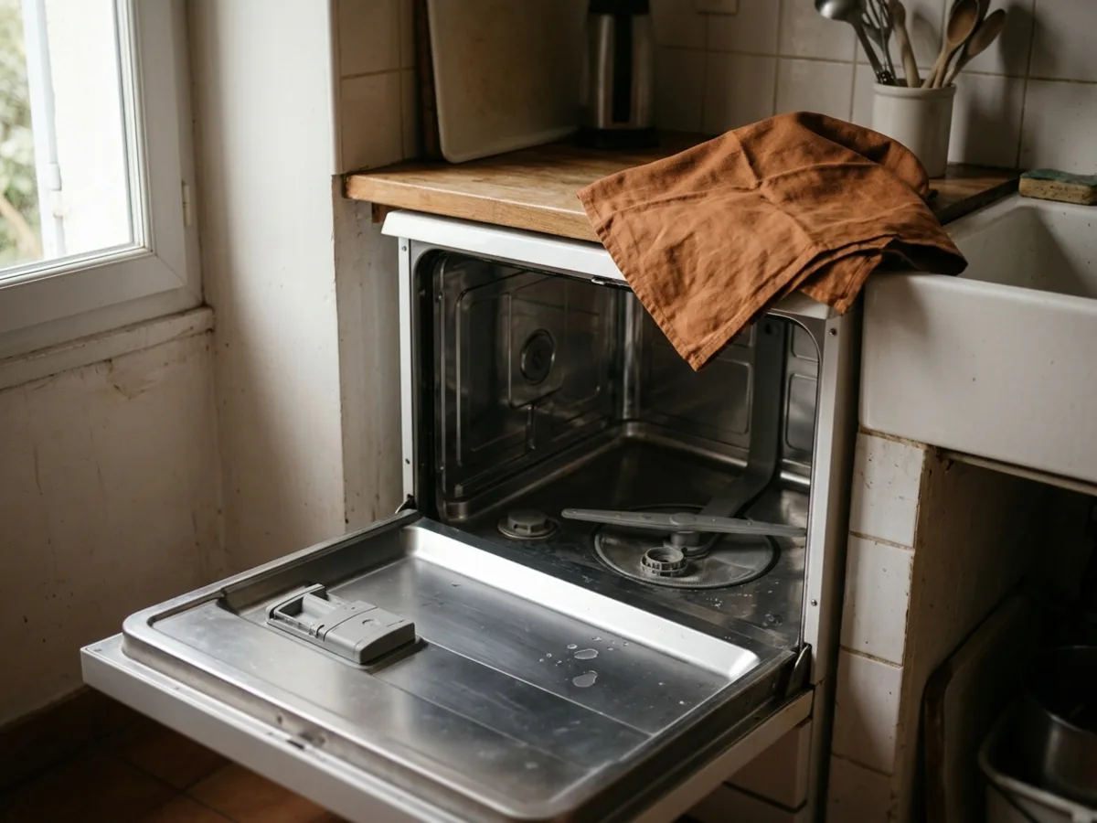 Un lave-vaisselle à porte ouverte, intérieur en inox vide, laisse voir son bras de lavage, avec un torchon roux posé sur le rebord et un évier juste à côté