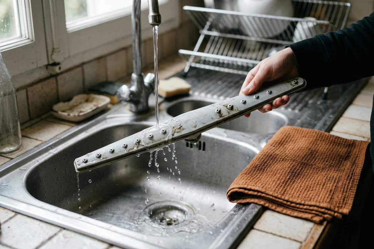 Une main rince sous le robinet une longue barre perforée couverte de résidus, l’eau ruisselant dans un évier, un torchon roux posé à côté et un égouttoir en arrière-plan
