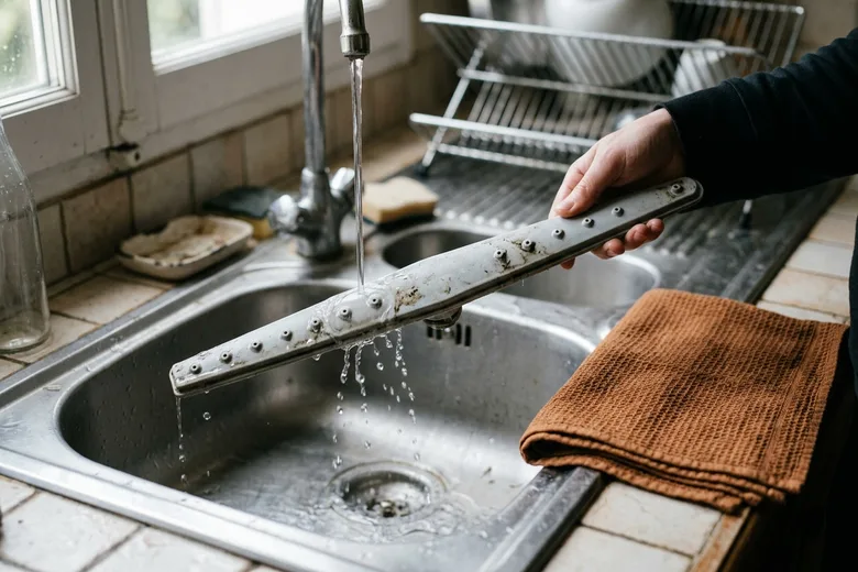 Une main rince sous le robinet une longue barre perforée couverte de résidus, l’eau ruisselant dans un évier, un torchon roux posé à côté et un égouttoir en arrière-plan