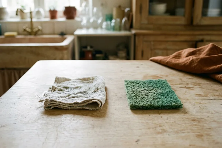 Un chiffon en tissu écru plié et une éponge verte abrasive posés sur une table en bois, devant un évier en pierre et un buffet à portes vitrées