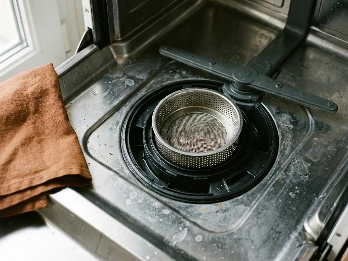 Gros plan sur le filtre cylindrique amovible d’un lave-vaisselle, entartré et taché, posé dans son logement sous le bras de lavage, à côté d’un torchon roux