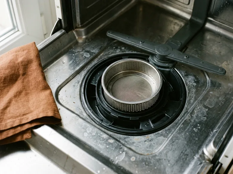 Gros plan sur le filtre cylindrique amovible d’un lave-vaisselle, entartré et taché, posé dans son logement sous le bras de lavage, à côté d’un torchon roux