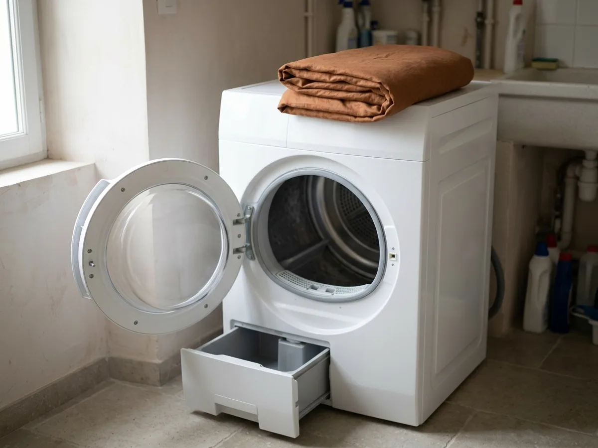Un sèche-linge à hublot ouvert, tambour vide visible, avec son tiroir à réservoir d’eau tiré en bas et un torchon roux plié sur le dessus, dans une buanderie carrelée
