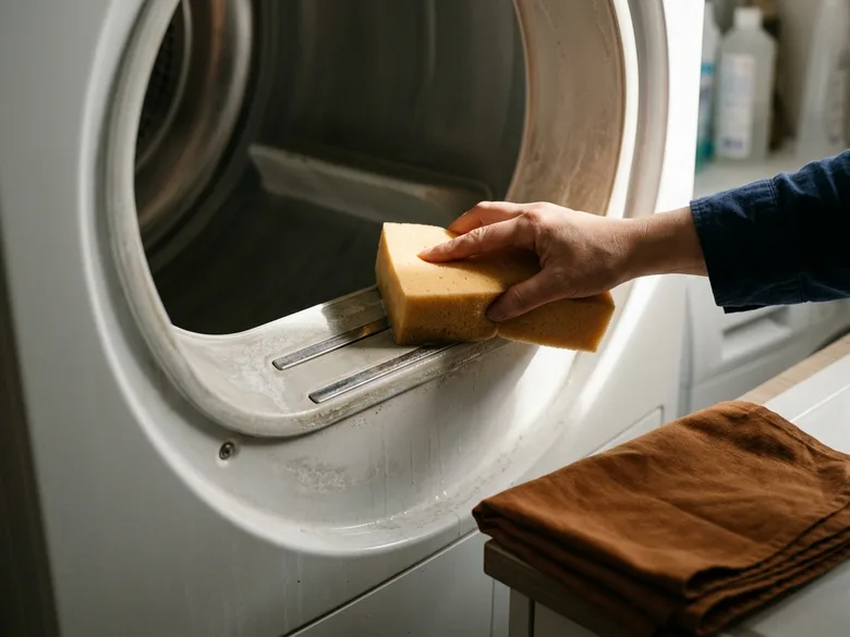Une main tient une éponge orange contre deux bandes métalliques à l’intérieur de l’ouverture d’un sèche-linge, près de traces de calcaire, avec un torchon roux posé à côté