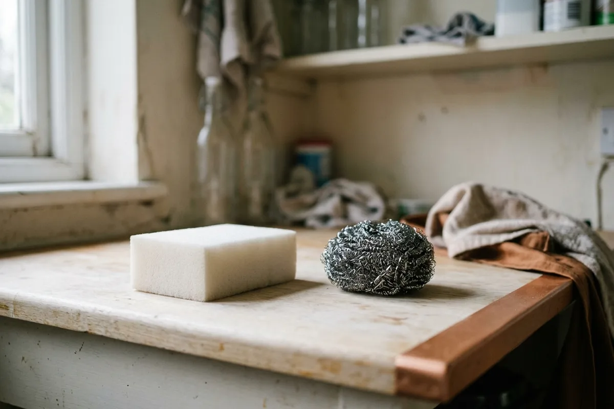 Une éponge blanche rectangulaire et une boule à récurer en fil métallique posées sur un rebord en bois peint, près d’une fenêtre, avec un tissu terracotta suspendu au bord
