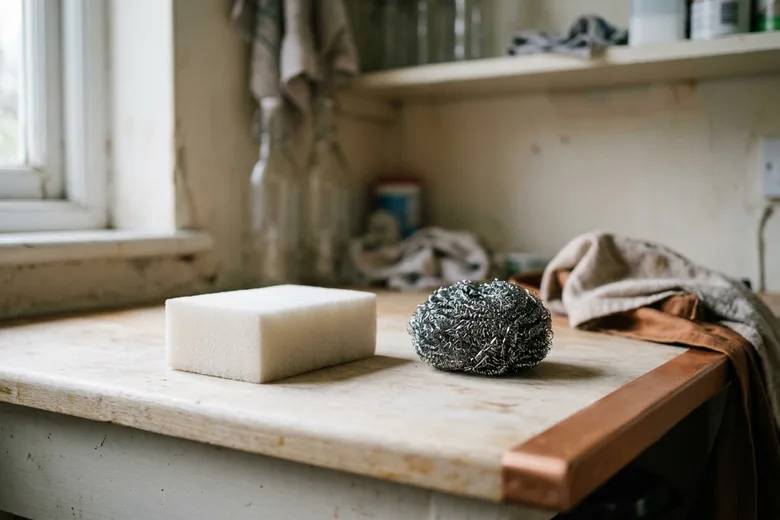 Une éponge blanche rectangulaire et une boule à récurer en fil métallique posées sur un rebord en bois peint, près d’une fenêtre, avec un tissu terracotta suspendu au bord